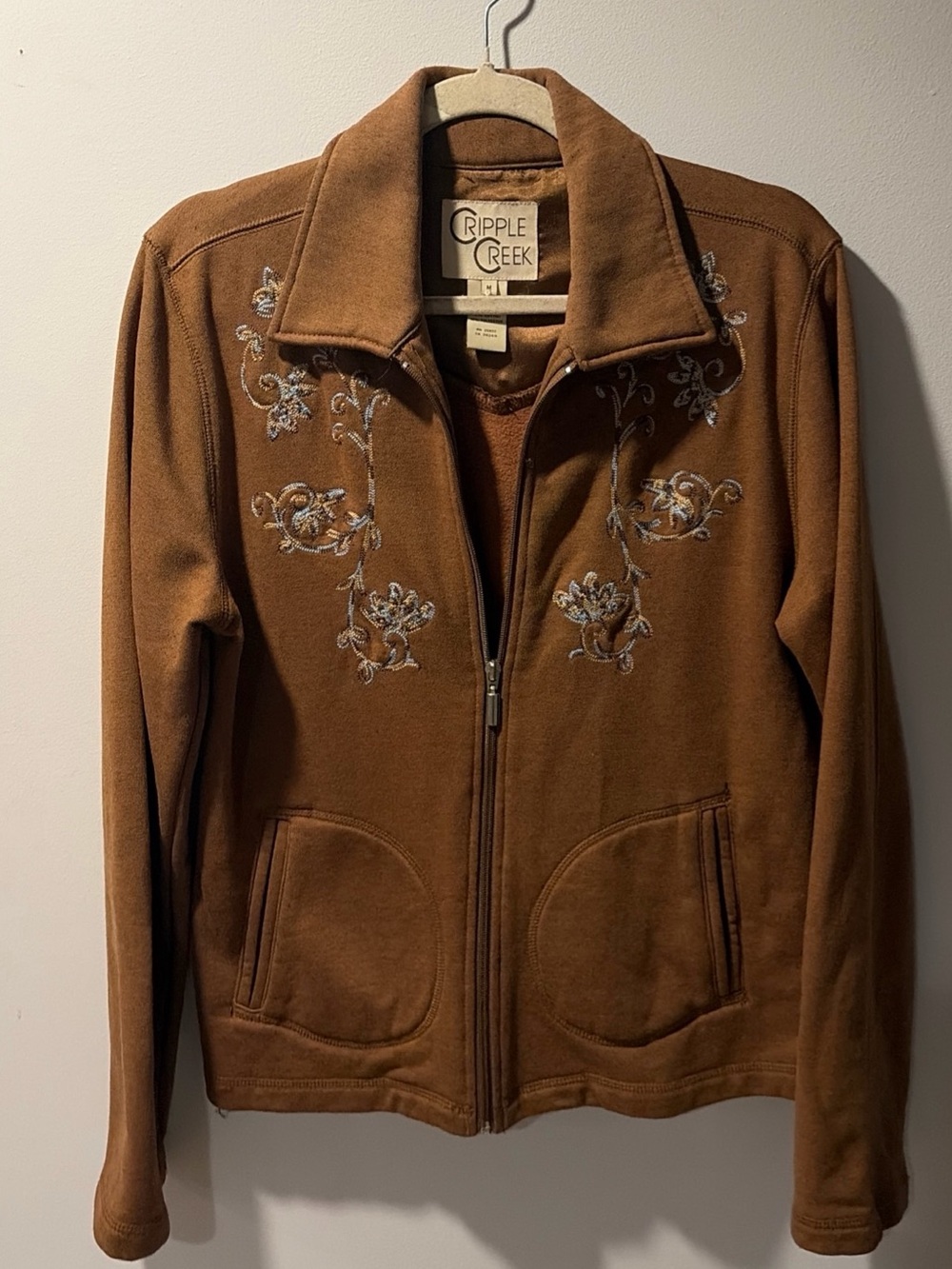 Vintage Embroidered Brown Cotton Western Zip Up Jacket Fall Floral Boho